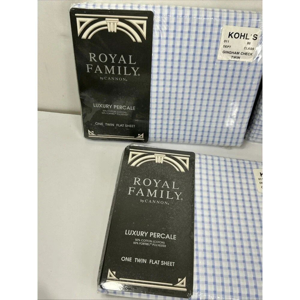 Vtg Royal Family Cannon 2 Twin Flat Sheet 2 Queen Pillowcase Blue Gingham NOS